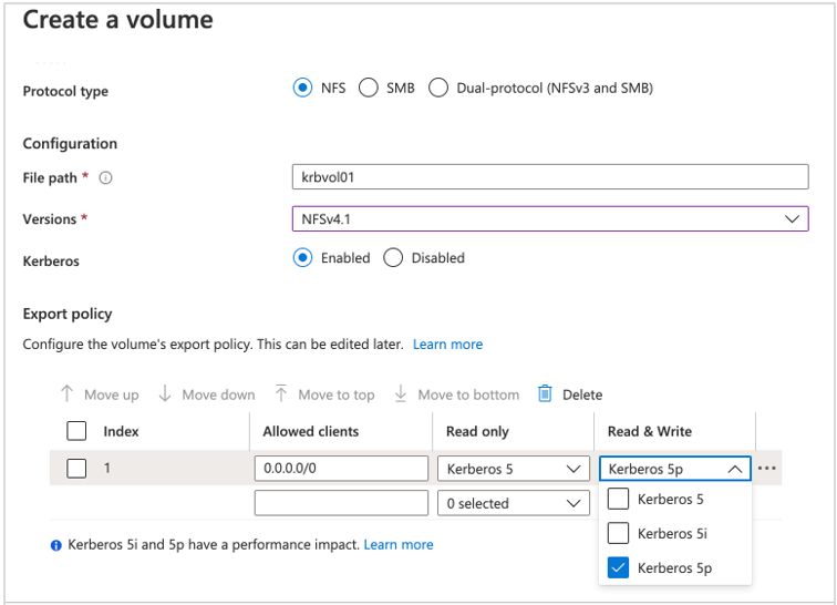 Create NFSv4.1 Kerberos volume