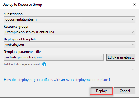 Screenshot of the Deploy to Resource Group dialog box in Visual Studio.