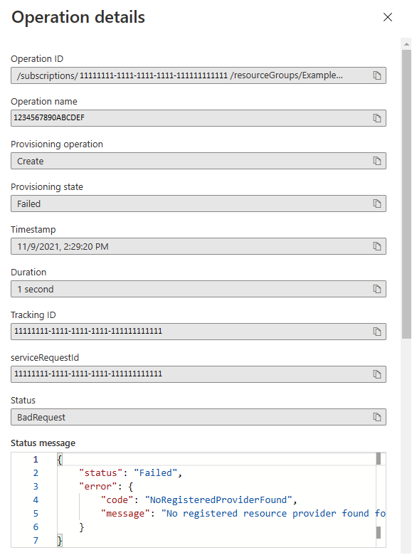 Screenshot of failed deployment's operation details.