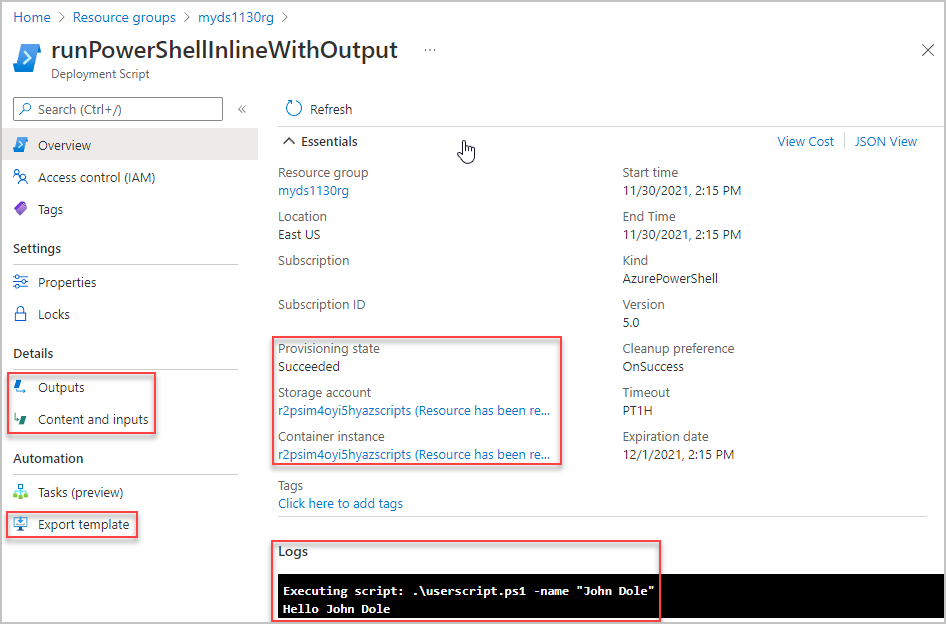 Screenshot of Resource Manager template deployment script portal overview.