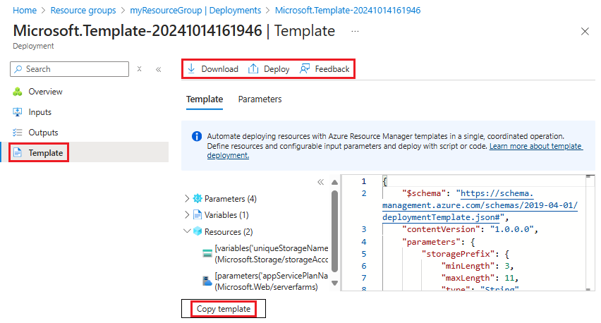 Screenshot of selecting the template used for a specific deployment in Azure portal.