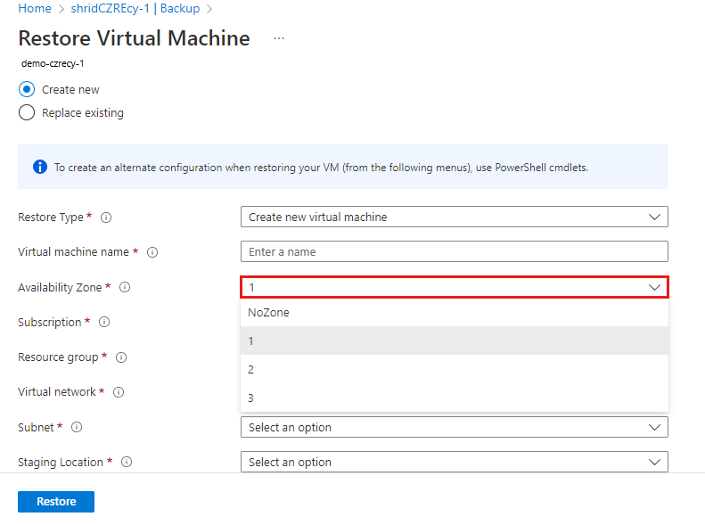 Screenshot showing you how to select an available zone for VM restore.