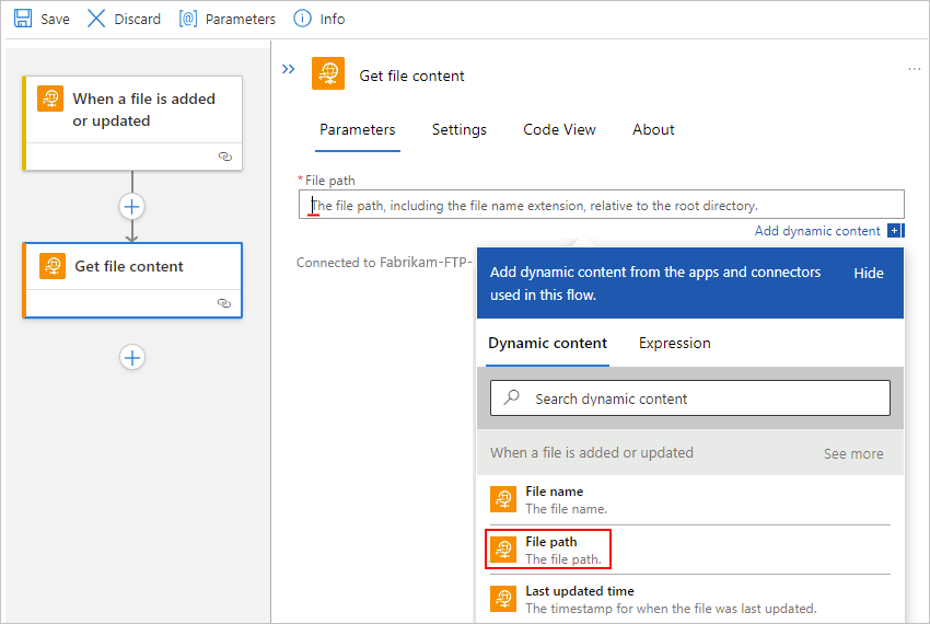 Screenshot shows Standard workflow designer, "Get file content" action, dynamic content list opened, and "File path" selected.