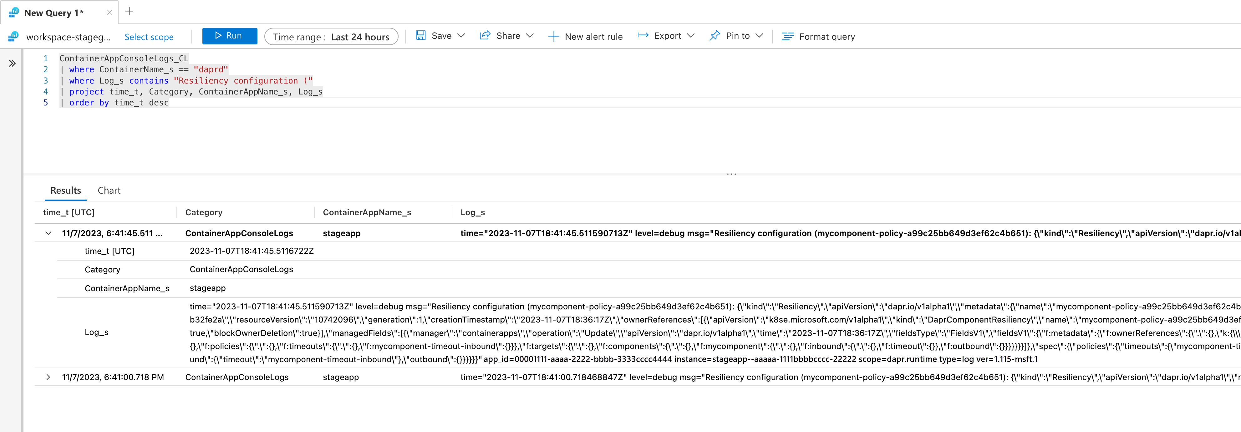 Screenshot showing resiliency query results based on provided query example for finding the actual resiliency policy.