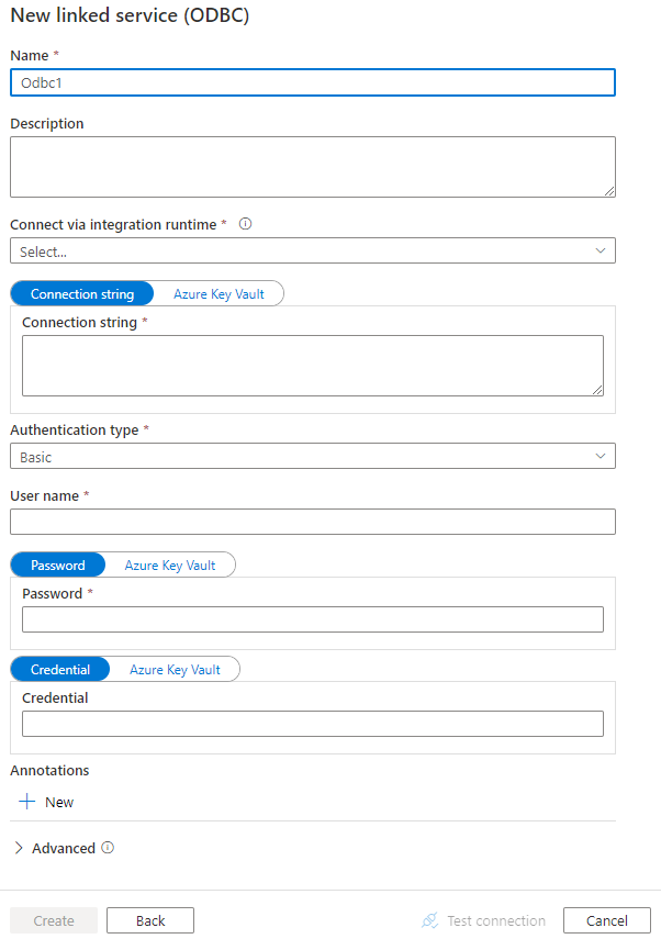 Screenshot of linked service configuration for an ODBC data store.