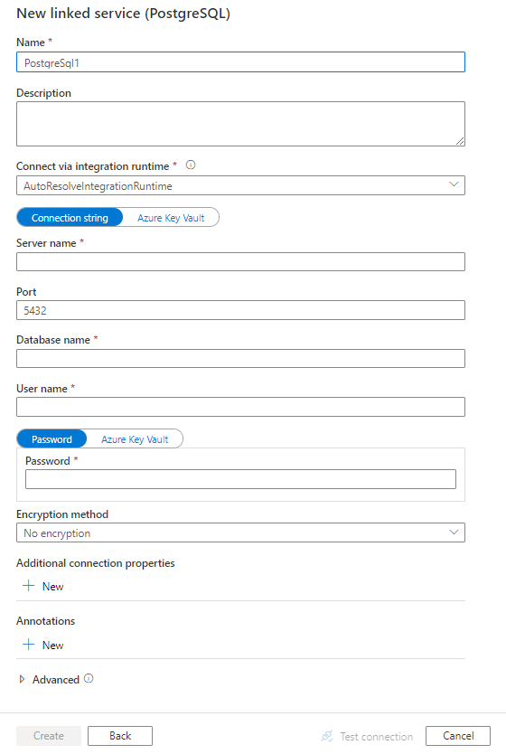 Screenshot showing Configure a linked service to PostgreSQL.