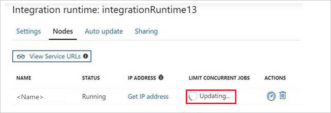 Screenshot of the Nodes pane of the integration runtime, displaying the process stuck in &quot;Updating&quot; status.