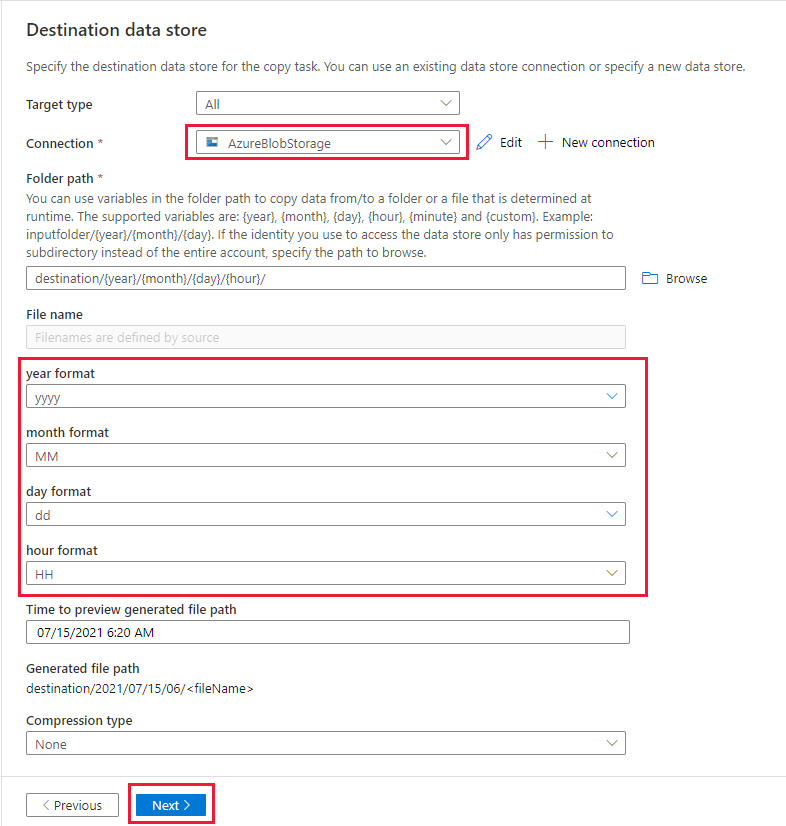 Screenshot that shows the configuration of Destination data store page.