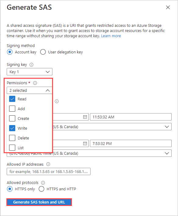 Screenshot of the Generate SAS screen with Read and Write permissions selected