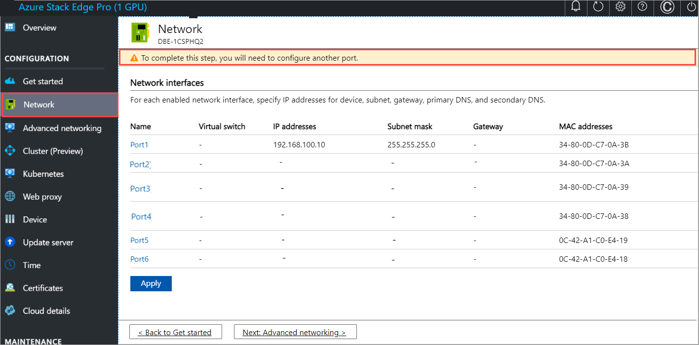 Local web UI "Advanced networking" page for a new device 1