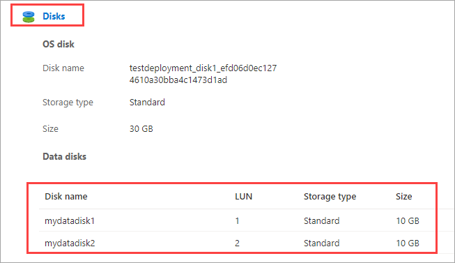 Screenshot showing the Data disks section of the Details pane for a virtual machine. The disk entries under Data disks are highlighted.