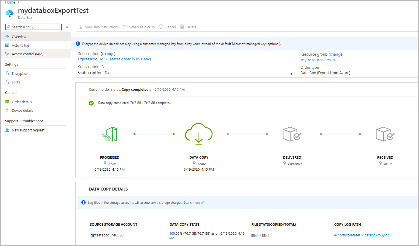 Data Box export order, data copy complete