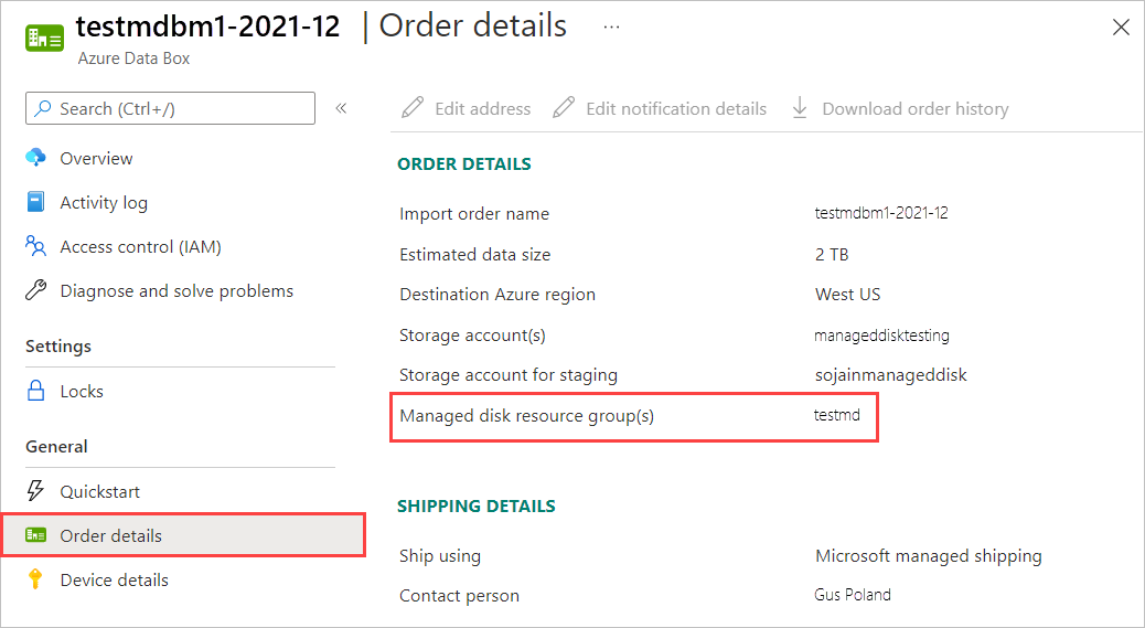 Screenshot of the Order Details pane for a Data Box Disk import order. The Order Details menu item and Managed Disk Resource Groups setting are highlighted.