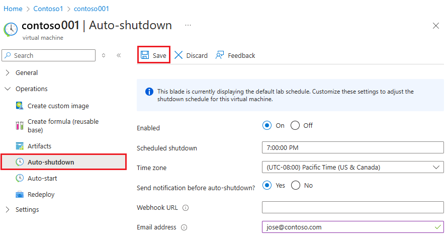 Screenshot showing setting auto shutdown details for a virtual machine.