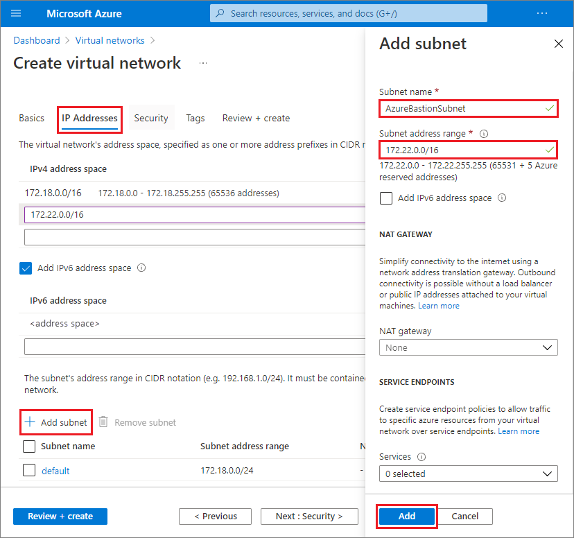 Screenshot that shows creating the AzureBastionSubnet subnet.