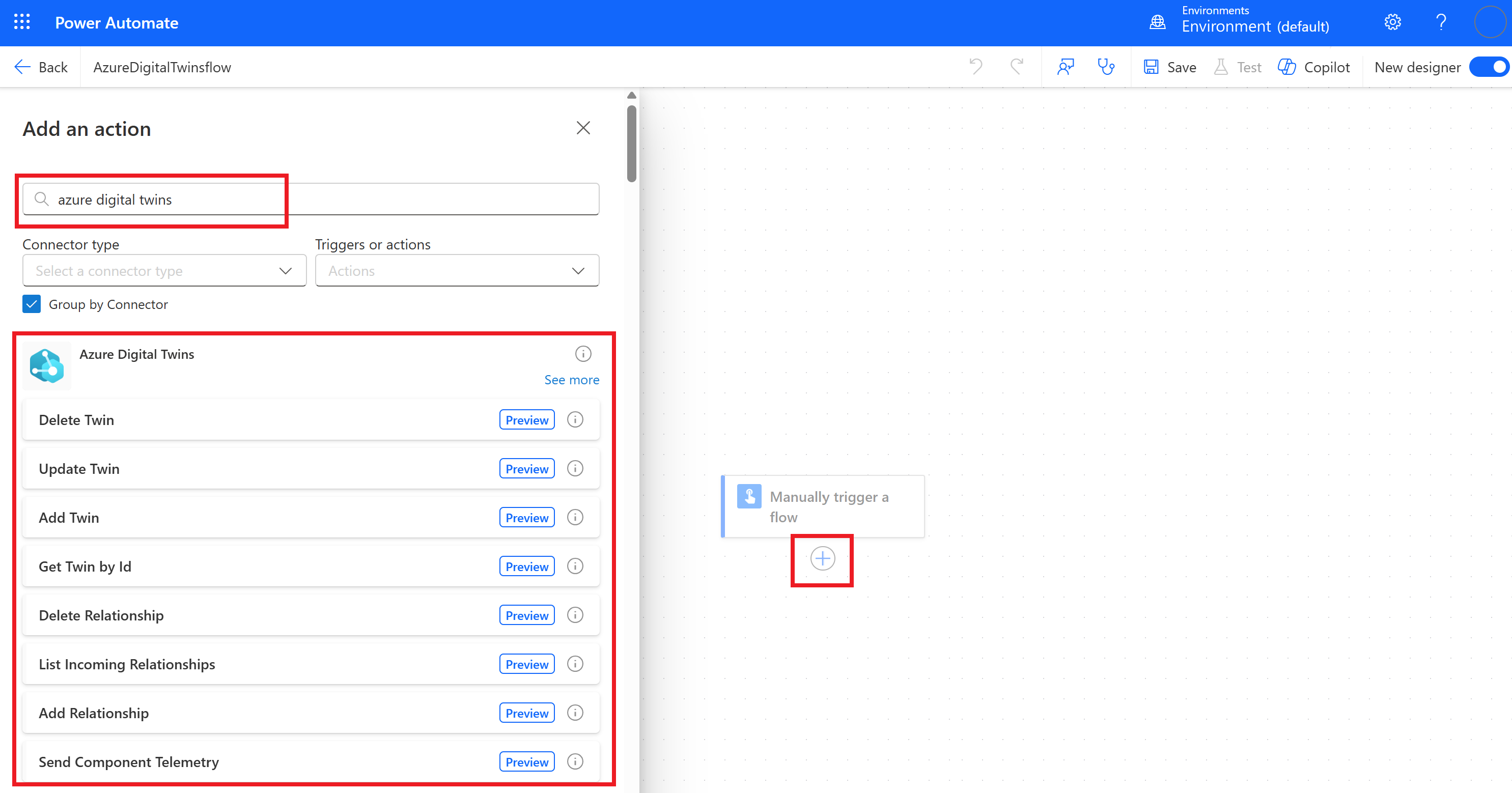 Screenshot of Power Automate, showing the Azure Digital Twins connector in a new flow.