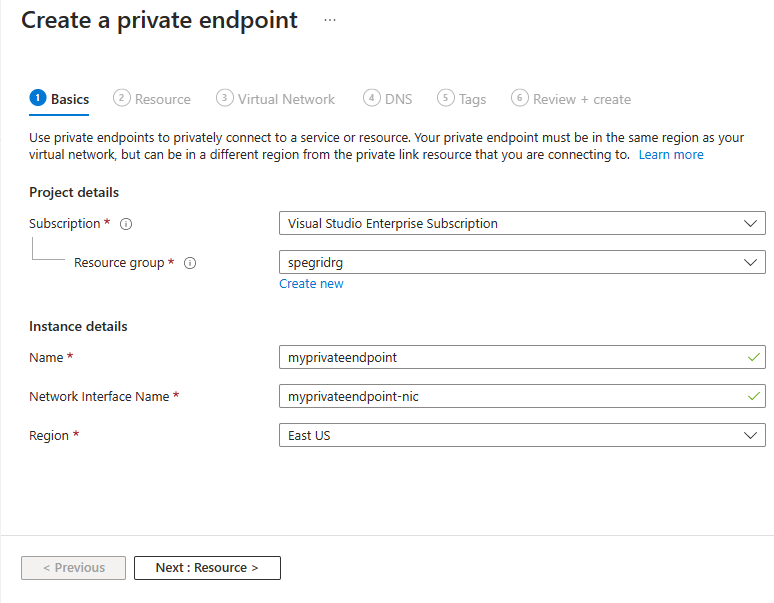 Screenshot showing the Basics page of the Create a private endpoint wizard.