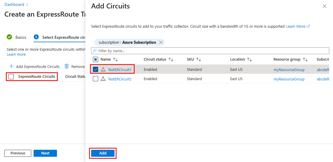 Screenshot of the select ExpressRoute circuits tab and add circuits page.