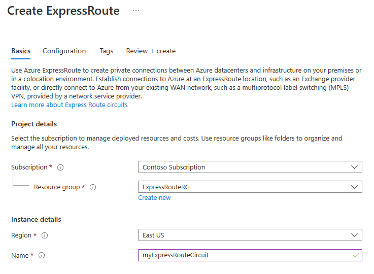 Screenshot of the basics page of the created ExpressRoute circuit.