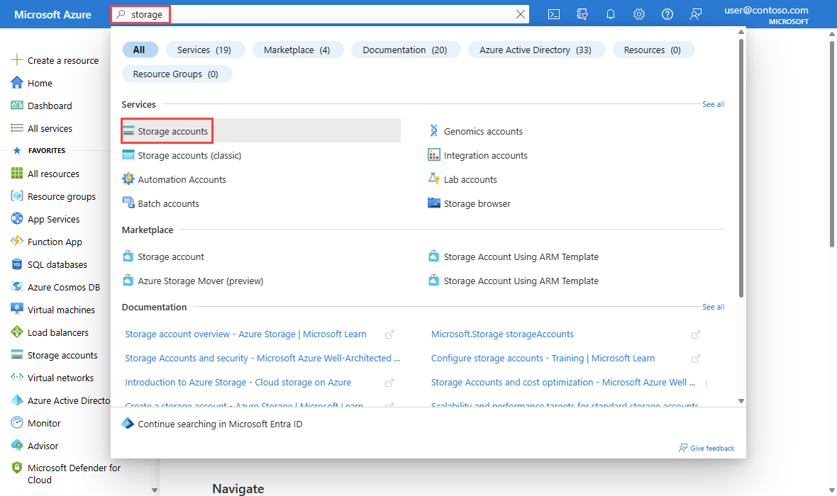 Screenshot that shows how to search for storage accounts in the Azure portal.