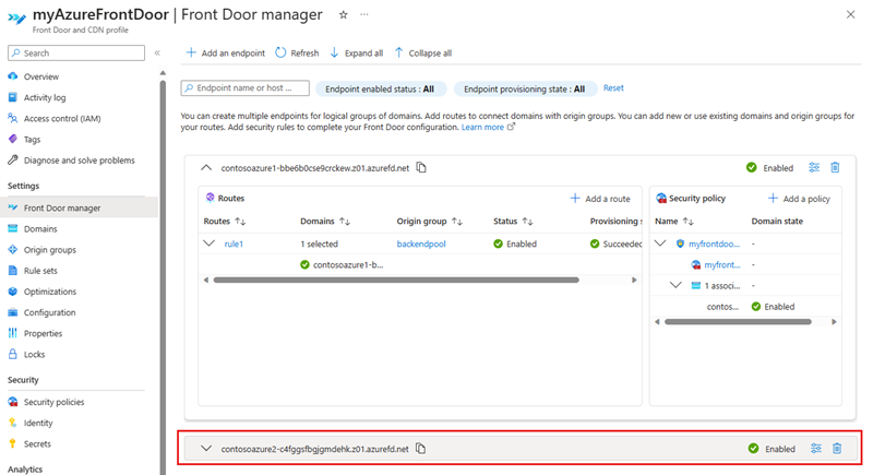 Screenshot of list of endpoints in Front Door manager.