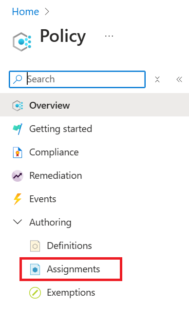 Screenshot of selecting the Assignments node from the Policy Overview page.