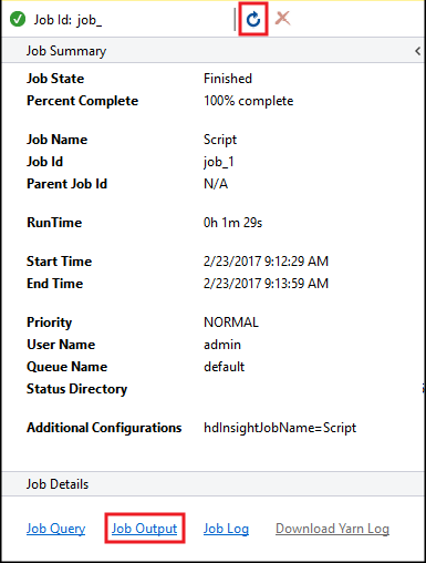 Completed Hive job summary, Hive application, Visual Studio.