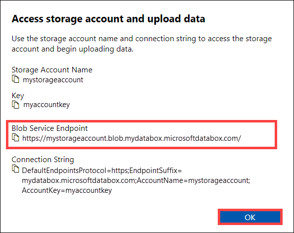 Screenshot shows the Access storage account and upload data dialog box where you can copy the Blob Service Endpoint.