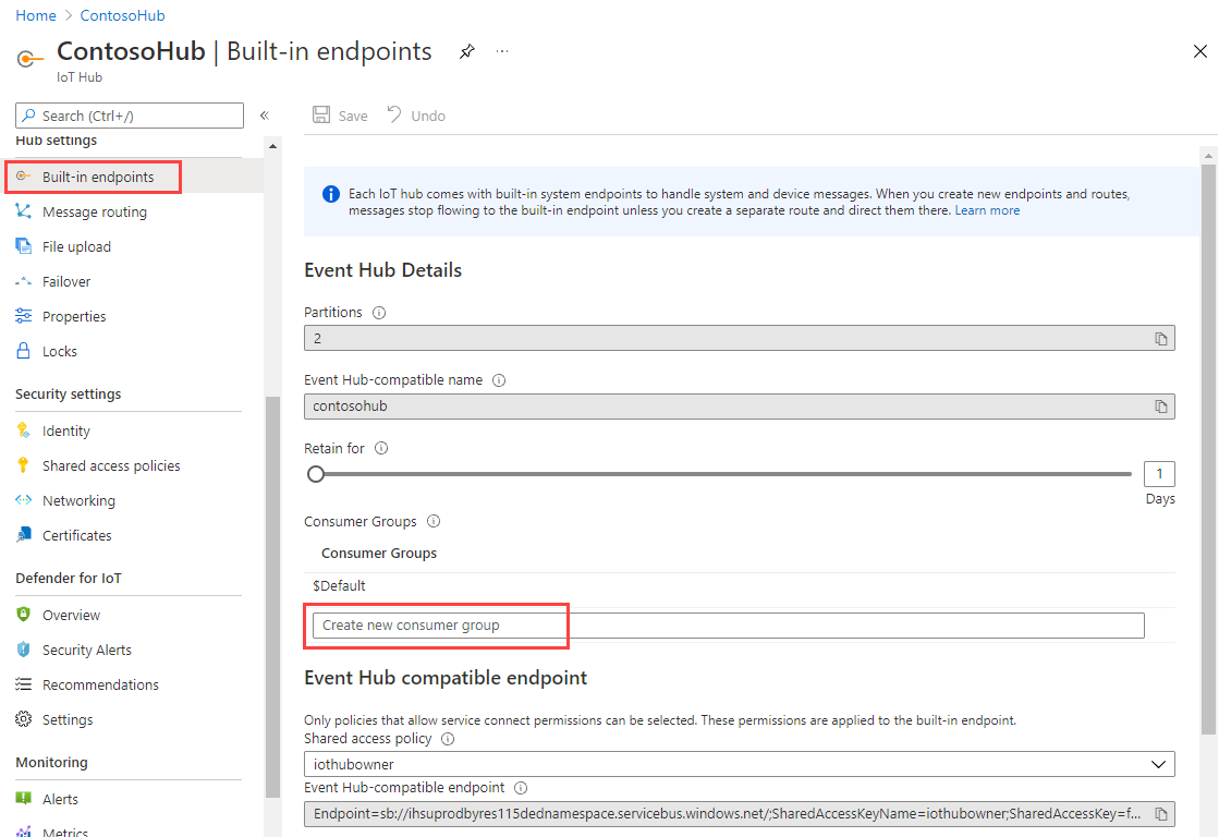 Screenshot showing how to create a consumer group in your IoT hub.