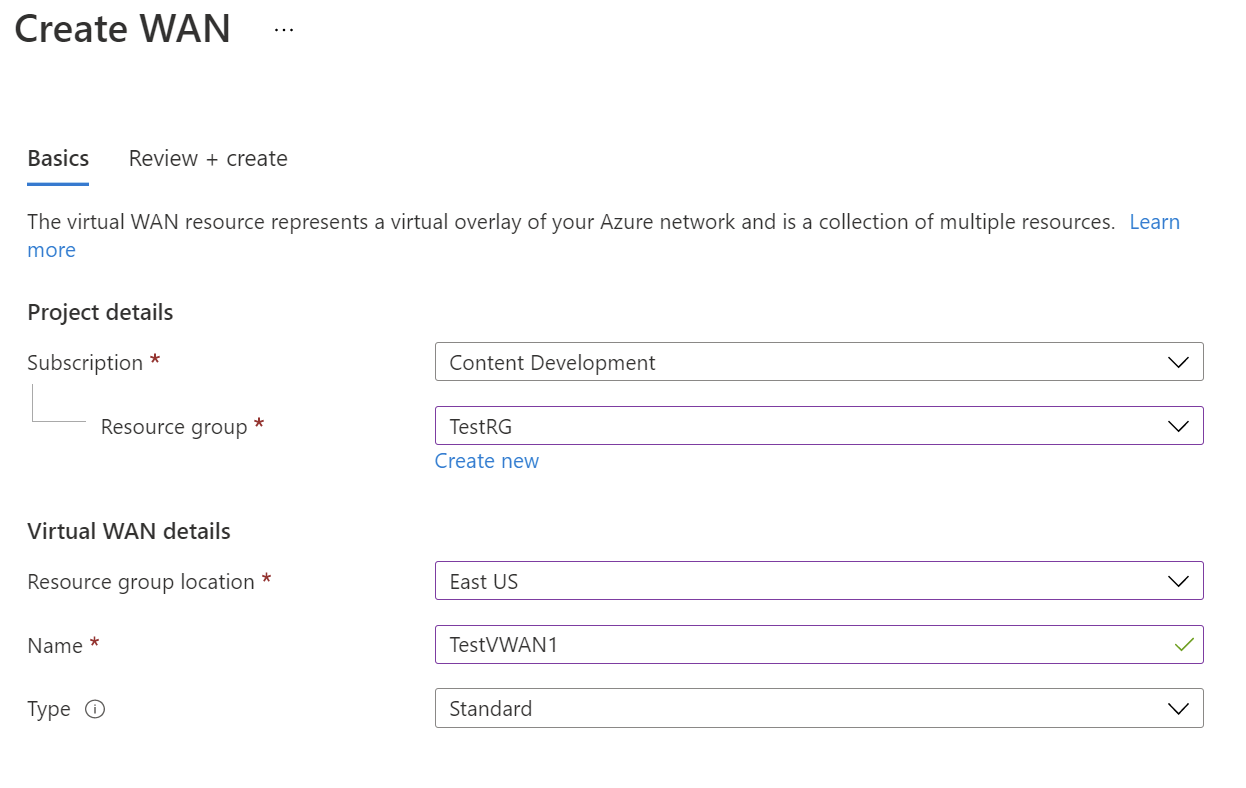 Screenshot shows the Create WAN pane with the Basics tab selected.