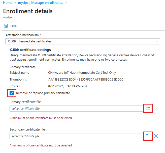 Screenshot that shows replacing an intermediate certificate for an enrollment group.