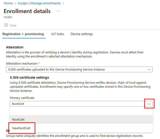 Screenshot that shows selecting a new uploaded certificate for an enrollment group.