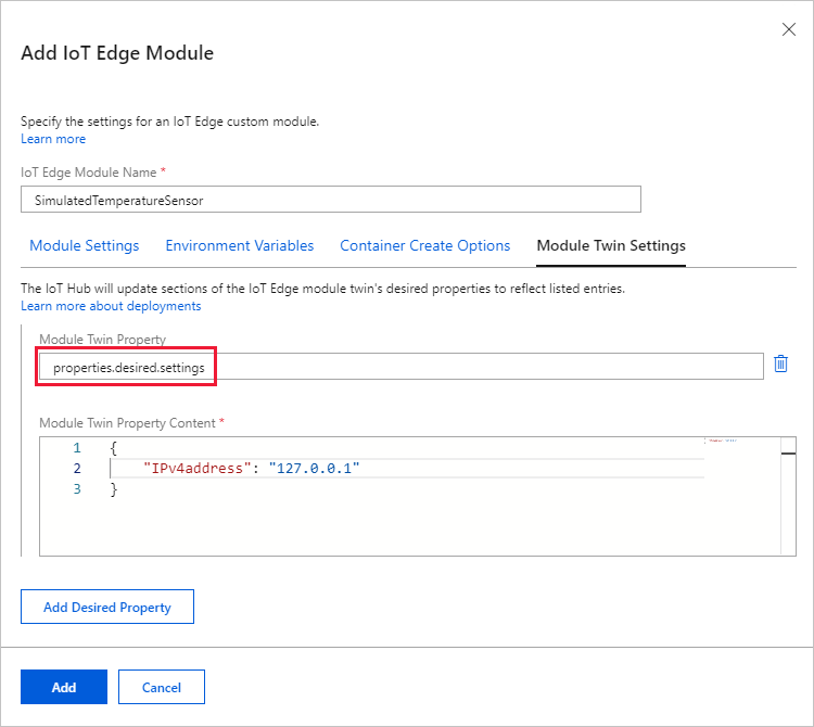 Screenshot showing how to set the module twin property for layered deployment.