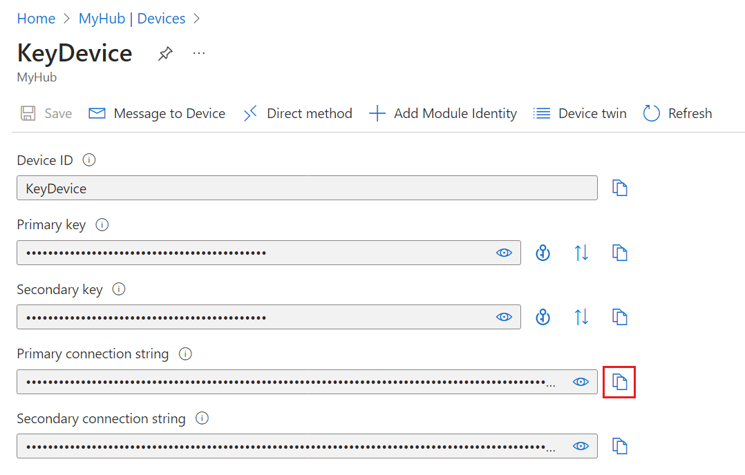 Screenshot that shows copying the value of the primary connection string from the Azure portal.