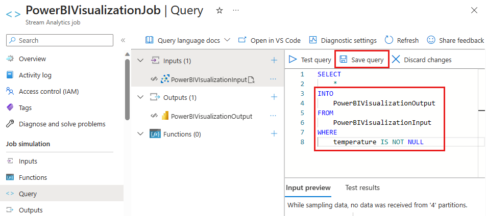  Screenshot that shows adding a query to a Stream Analytics job.