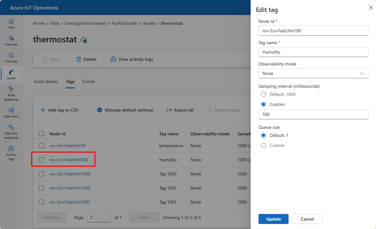 A screenshot that shows how to update an existing tag in the operations experience.