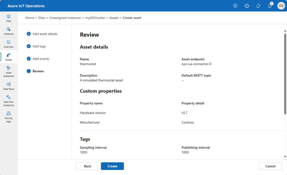 A screenshot that shows how to review your asset, tags, and events in the operations experience.