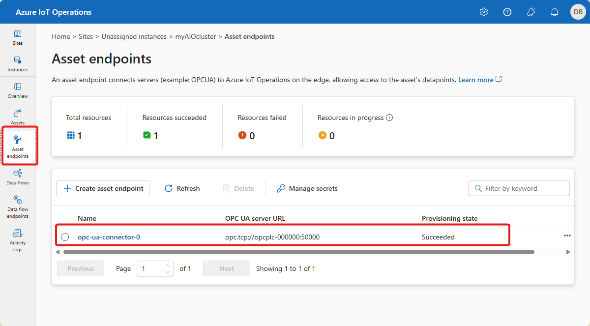 Screenshot in the operations experience that shows a list of asset endpoints.