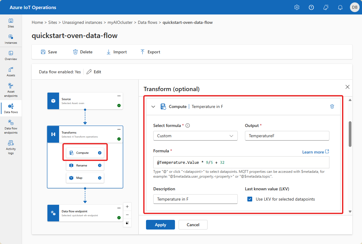 Screenshot in the operations experience that shows the temperature conversion calculation.