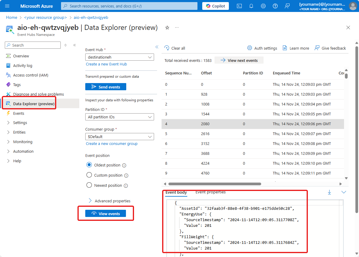 Screenshot of the Event Hubs instance **Data Explorer** page.