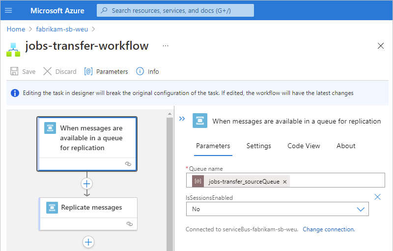 Screenshot showing the Service Bus trigger properties pane.