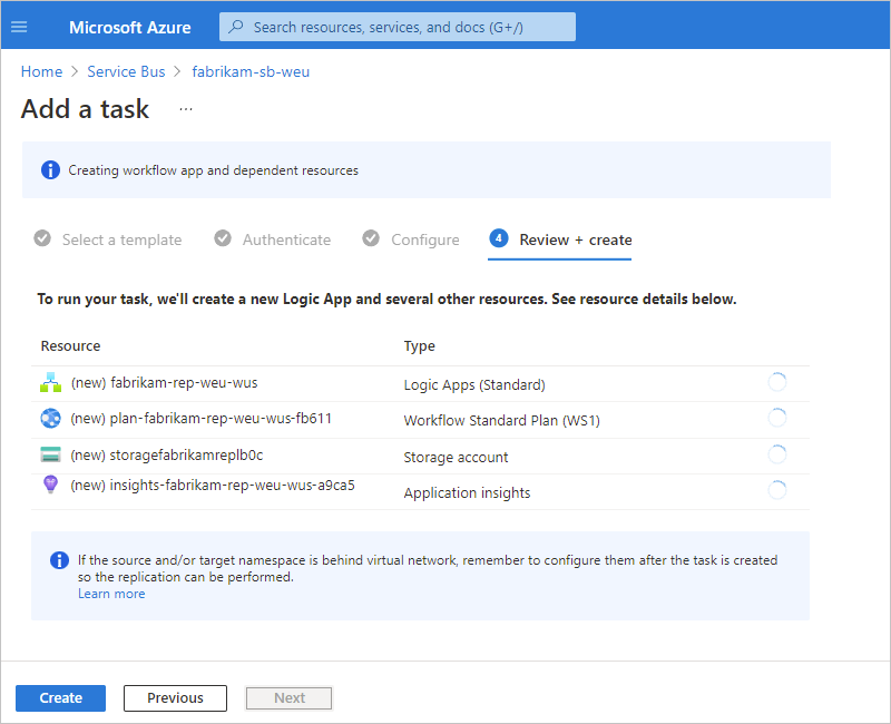 Screenshot showing "Review + create" pane with resource information when creating a new logic app.