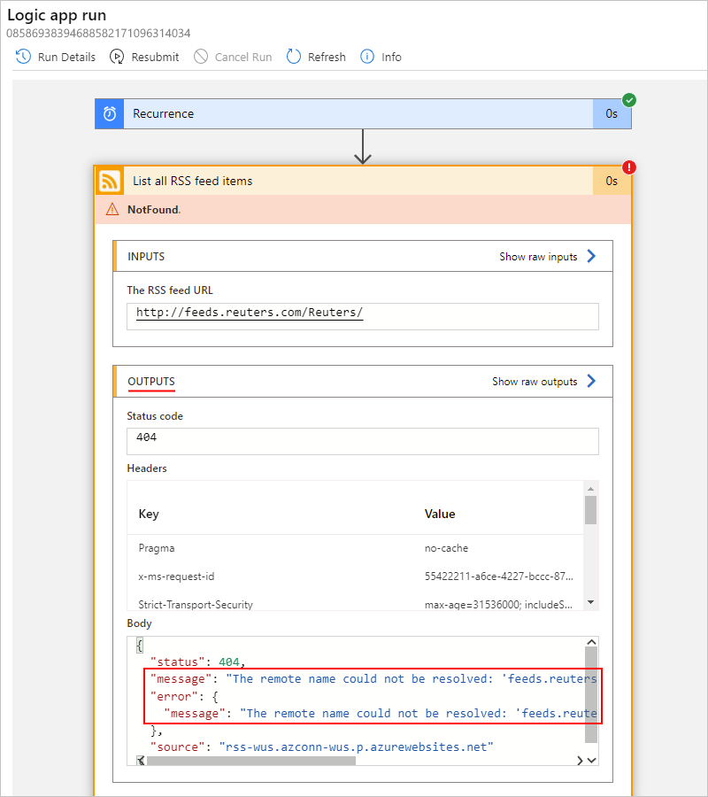 Screenshot showing Consumption logic app workflow with failed step outputs.