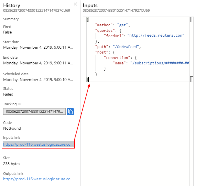 Screenshot showing Consumption logic app workflow trigger inputs.