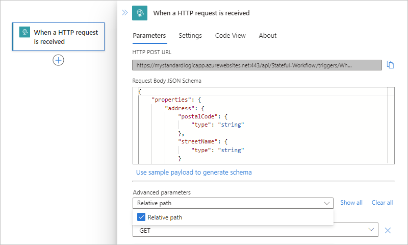 Screenshot shows Standard workflow, Request trigger, and added property named Relative path.