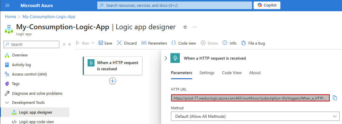 Screenshot shows Azure portal, Consumption workflow designer, and Request trigger endpoint URL.