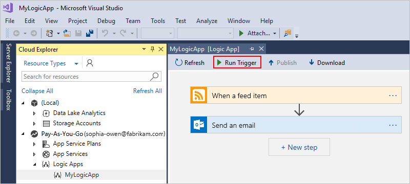 Screenshot shows option to manually run trigger for your logic app workflow.