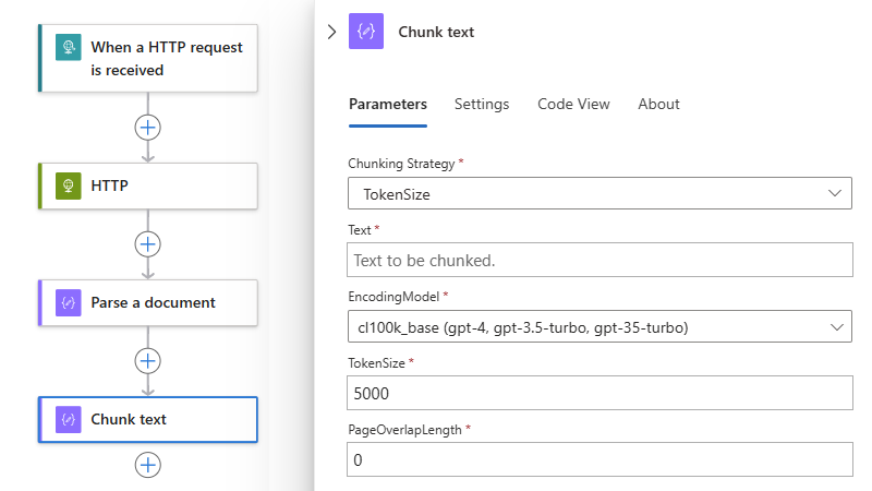 Screenshot shows sample workflow with selected parsed result text output in the action named Chunk text.