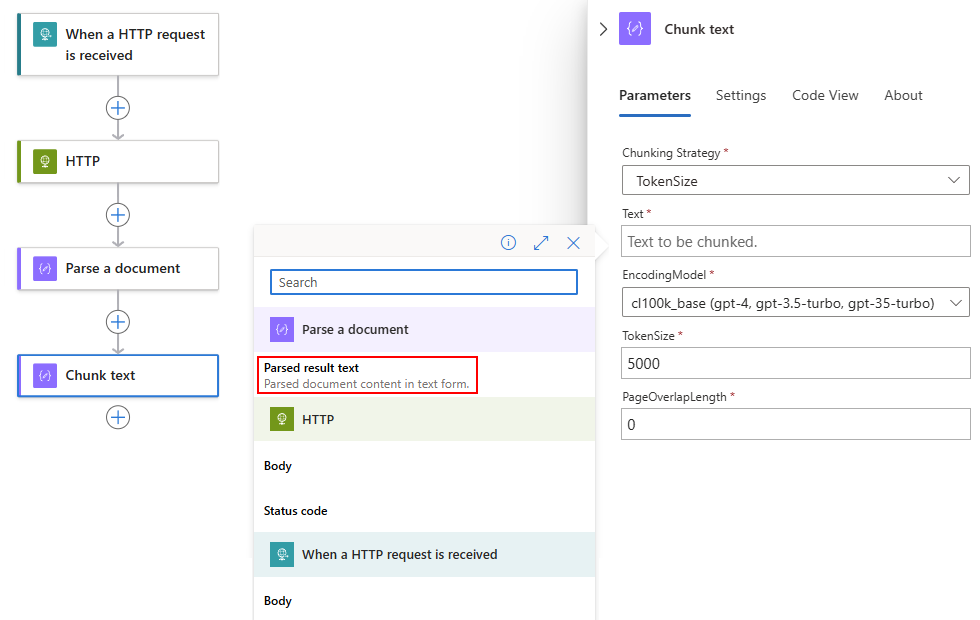 Screenshot shows workflow designer, action named Chunk text with open dynamic content list, and selected output from Parse a document action.