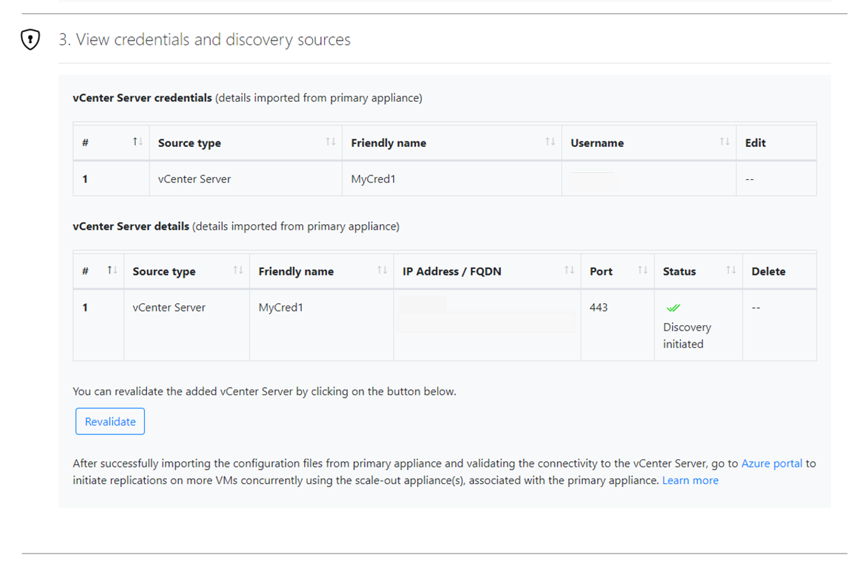 Screenshot shows view credentials and discovery sources to be validated.